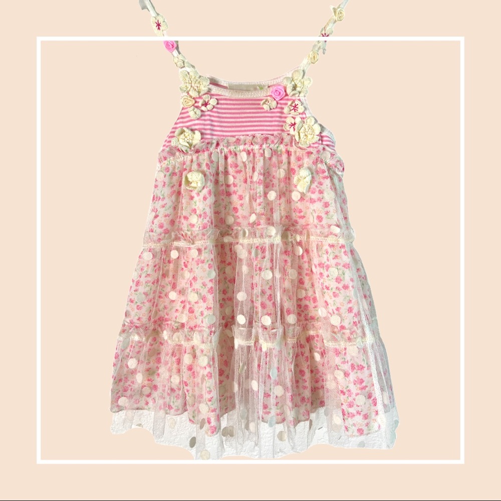 Pink Striped Floral Lace Overlay Summer Dress—24m